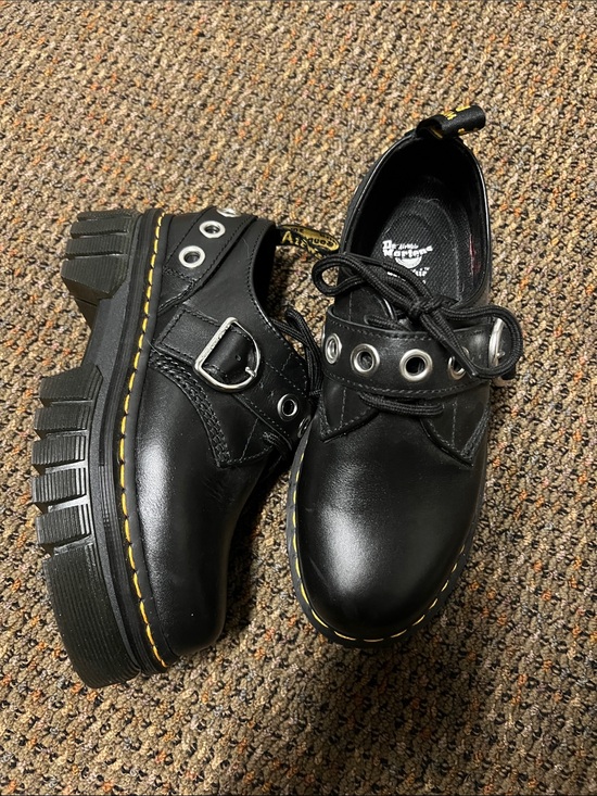 Dr. Martens Shoes - Dr. Martens Black Leather Lug-Sole Mary Jane Shoes with Yellow Stitching